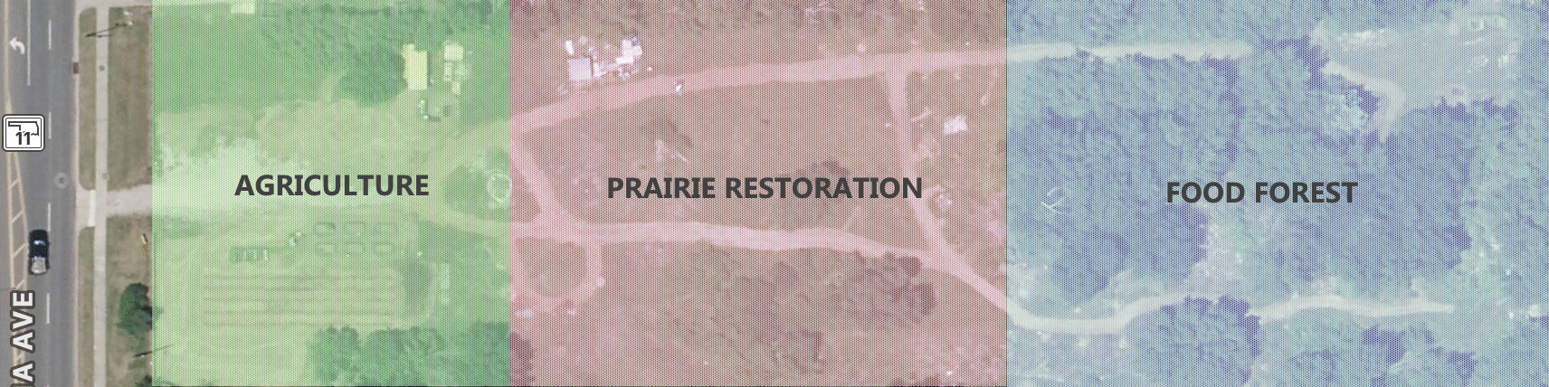 Flat Rock site zones: agriculture, prairie restoration, and food forest