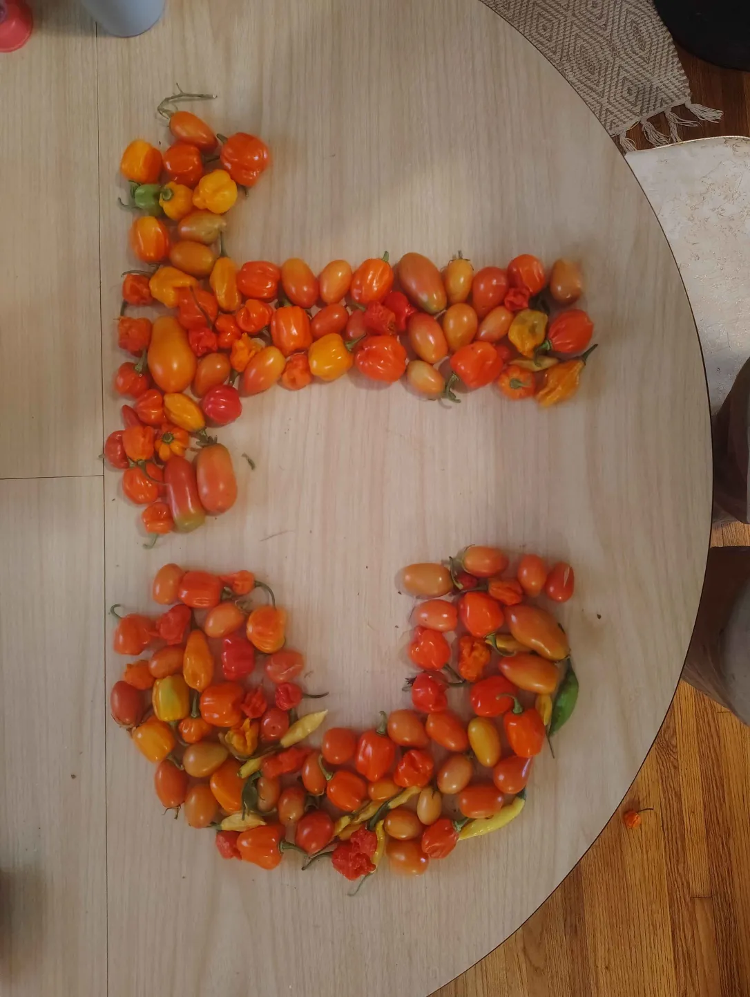 Tomatoes and peppers arranged in the shape of letters